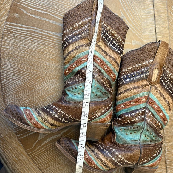 Women's Western Leather Boots - Brown and Turquoise - Picture 10 of 10